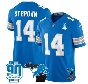 Detroit Lions 2024 Michigan & 90th Year Patch Vapor Custom Jersey - All Stitched  BLUE #14 ST.BROWN