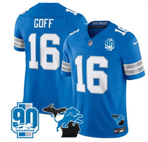 Detroit Lions 2024 Michigan & 90th Year Patch Vapor Custom Jersey - All Stitched  BLUE #16 JARED GOFF