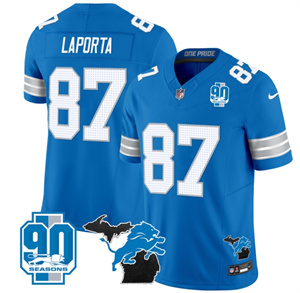 Detroit Lions 2024 Michigan & 90th Year Patch Vapor Custom Jersey - All Stitched  BLUE #87 SAM LAPORTA