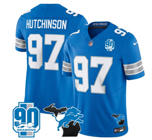 Detroit Lions 2024 Michigan & 90th Year Patch Vapor Custom Jersey - All Stitched  BLUE #97 HUTCHINSON