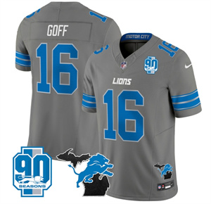 Detroit Lions 2024 Michigan & 90th Year Patch Vapor Custom Jersey - All Stitched  GRAY #16 JARED GOFF