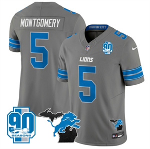Detroit Lions 2024 Michigan & 90th Year Patch Vapor Custom Jersey - All Stitched  GRAY #5 DAVID MONTGOMERY