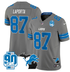 Detroit Lions 2024 Michigan & 90th Year Patch Vapor Custom Jersey - All Stitched  GRAY #87 SAM LAPORTA
