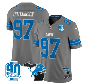 Detroit Lions 2024 Michigan & 90th Year Patch Vapor Custom Jersey - All Stitched  GRAY #97 HUTCHINSON