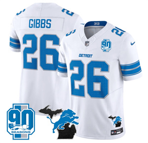 Detroit Lions 2024 Michigan & 90th Year Patch Vapor Custom Jersey - All Stitched  WHITE #26 JAHMYR GIBBS