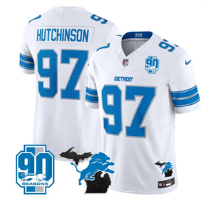 Detroit Lions 2024 Michigan & 90th Year Patch Vapor Custom Jersey - All Stitched  WHITE #97 HUTCHINSON