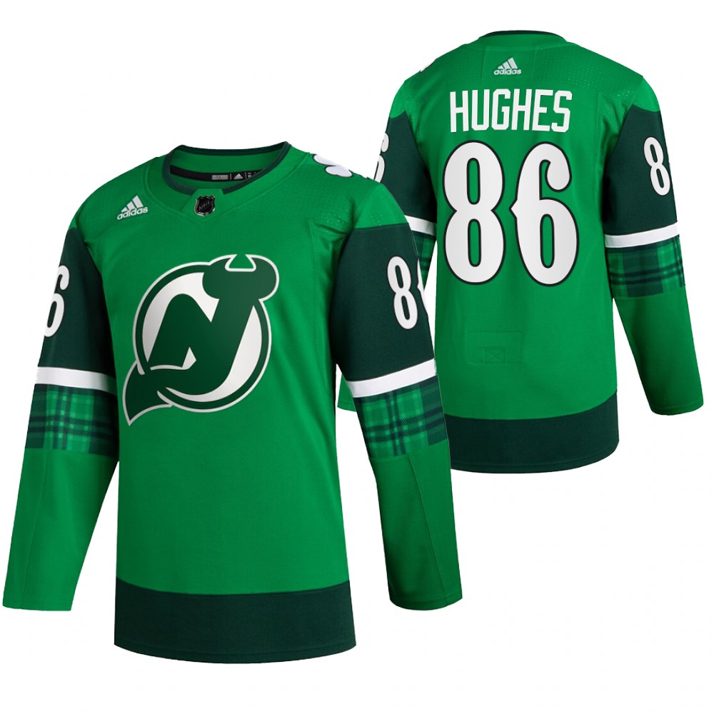 Devils Jack Hughes St Patricks Day Green #86 Jersey Warm-Up