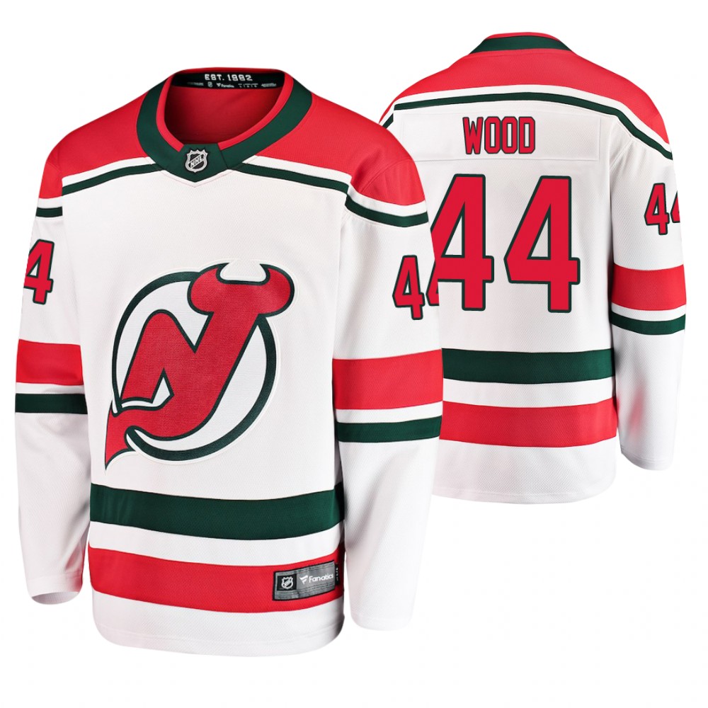 Devils Miles Wood white-red Alternate Breakaway Jersey