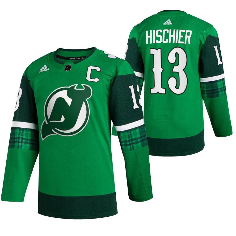 Devils Nico Hischier St Patricks Day Green #13 Jersey Warm-Up