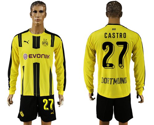 Dortmund #27 Castro Home Long Sleeves Soccer Club Jersey