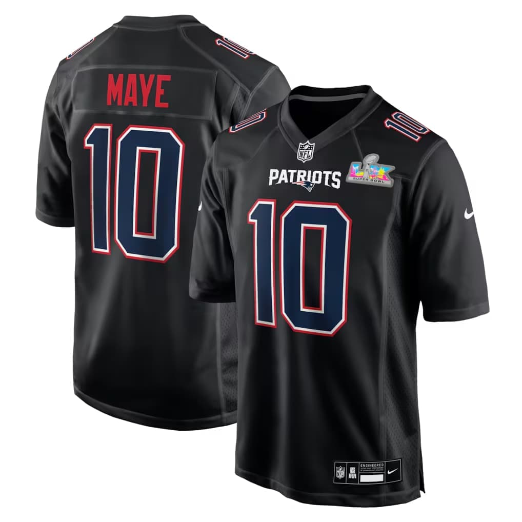 Drake Maye New England Patriots Nike Super Bowl LX Patch Carbon Fashion Game Jersey - Black