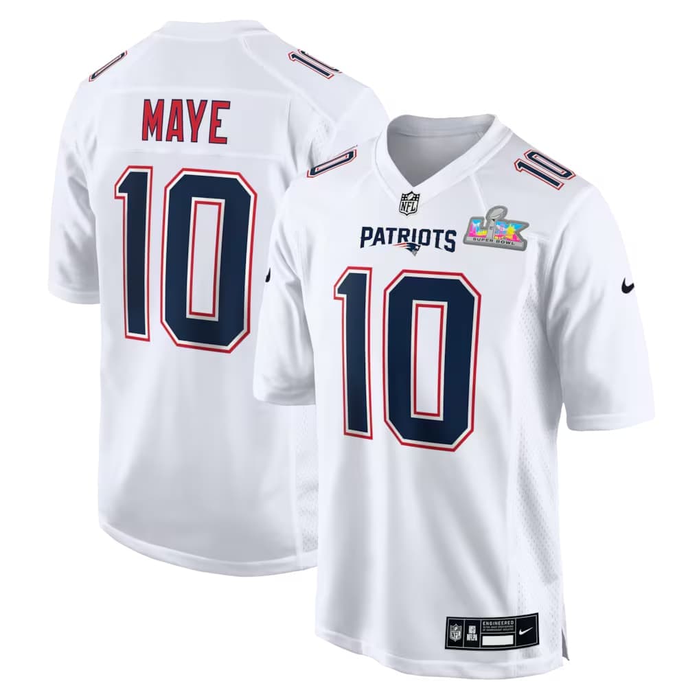 Drake Maye New England Patriots Nike Super Bowl LX Patch Tundra Fashion Game Jersey - White
