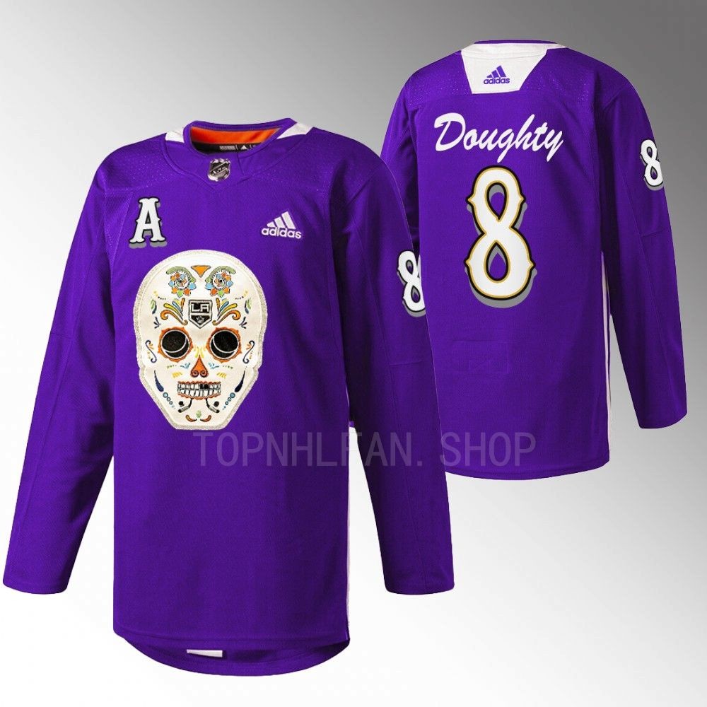Drew Doughty LA Kings Dia De Los Metros Night Jersey Purple Sugar Skull warmup