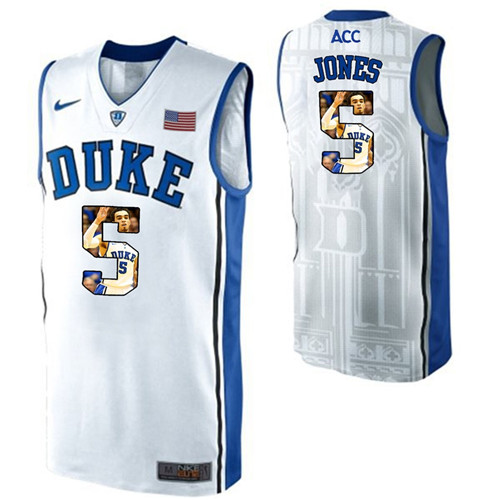 Duke Blue Devils White Tyus Jones NCAA College Basketball Player Portrait Fashion Jersey