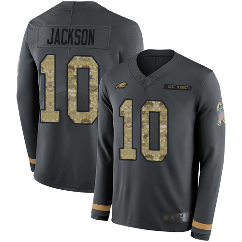 Eagles #10 DeSean Jackson Anthracite Salute to Service Men's Stitched Football Limited Therma Long Sleeve Jersey