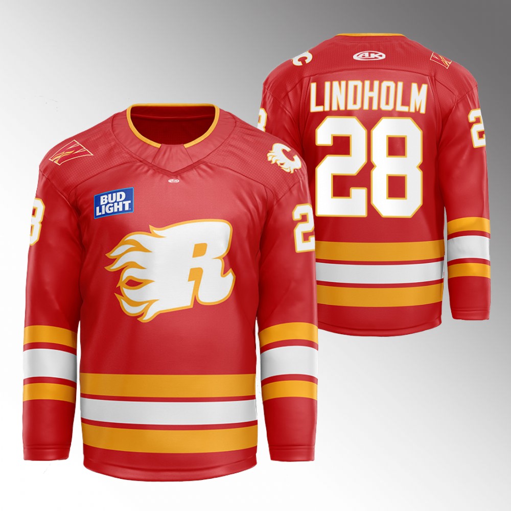 Elias Lindholm Flames Flames X Rush X CGY Wranglers Jersey Red Warmup