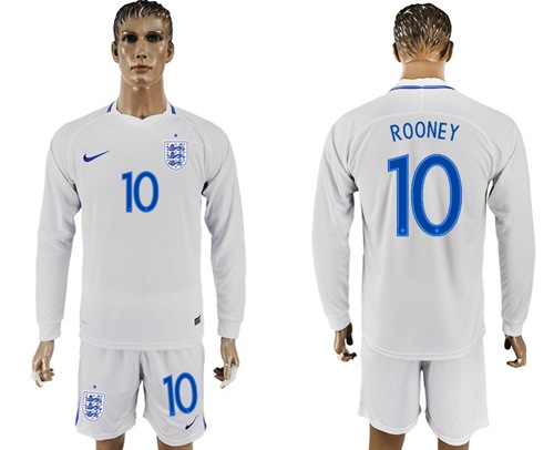 England #10 Rooney Home Long Sleeves Soccer Country Jersey