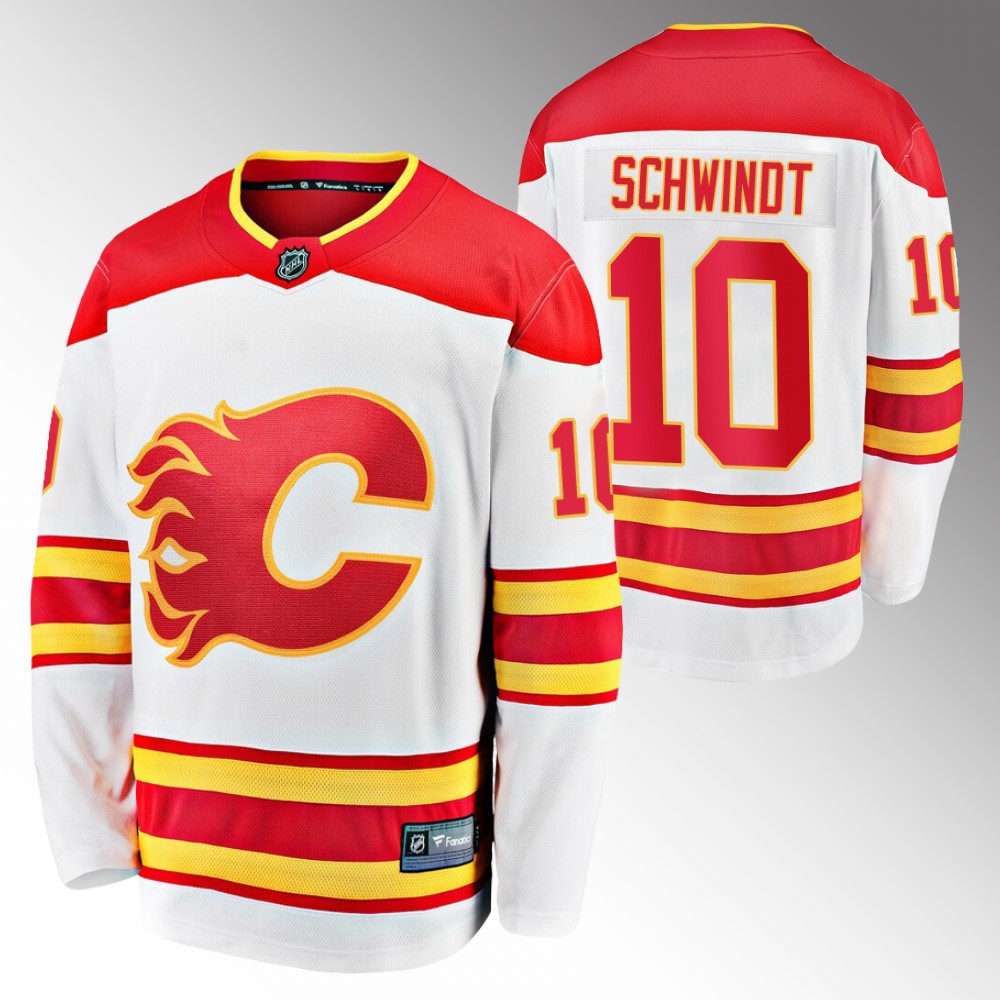 Flames #10 Cole Schwindt White 2022 Away Jersey