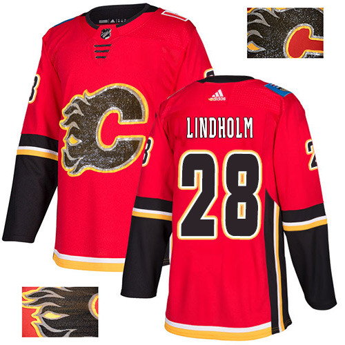 Flames #28 Elias Lindholm Red Home Authentic Fashion Gold Stitched Hockey Jersey