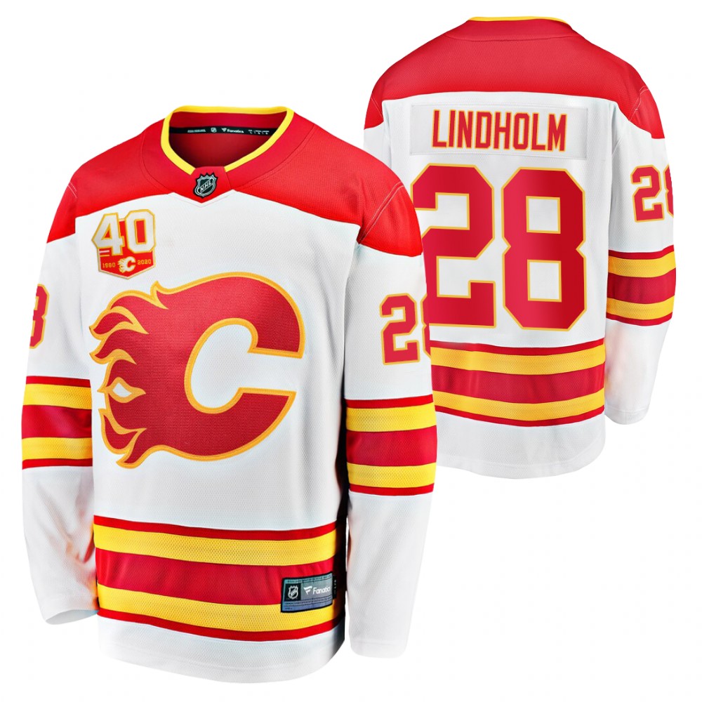 Flames #28 Elias Lindholm White 2020-21 Away Jersey