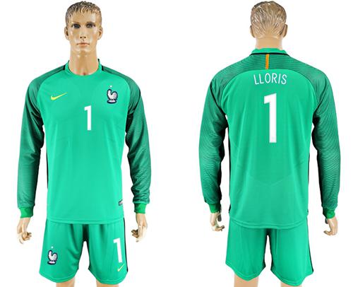 France #1 LLORIS Green Goalkeeper Long Sleeves Soccer Country Jersey