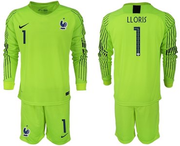 France #1 LLORIS Shiny Green Goalkeeper Long Sleeves Soccer Country Jersey