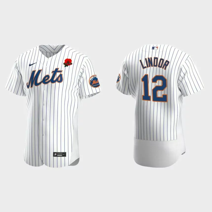 Francisco Lindor New York Mets 2022 Memorial Day Poppy Patch Authentic Jersey – White