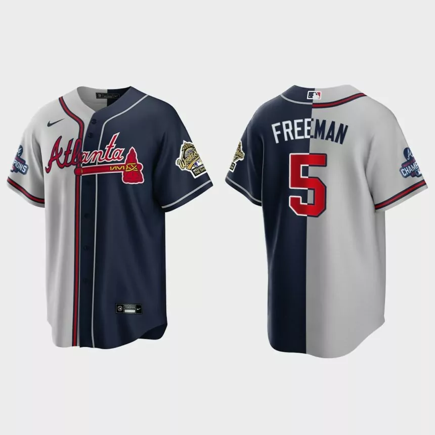 Freddie Freeman Atlanta Braves 2021 World Series Champions 1995 Throwback Split Jersey – Gray Navy