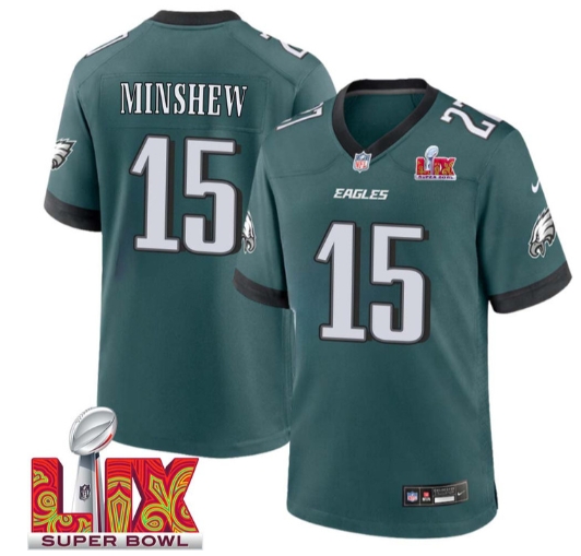 Gardner Minshew No 15 Men Super Bowl LIX Philadelphia Eagles Home Game 2025 Jersey- Replica