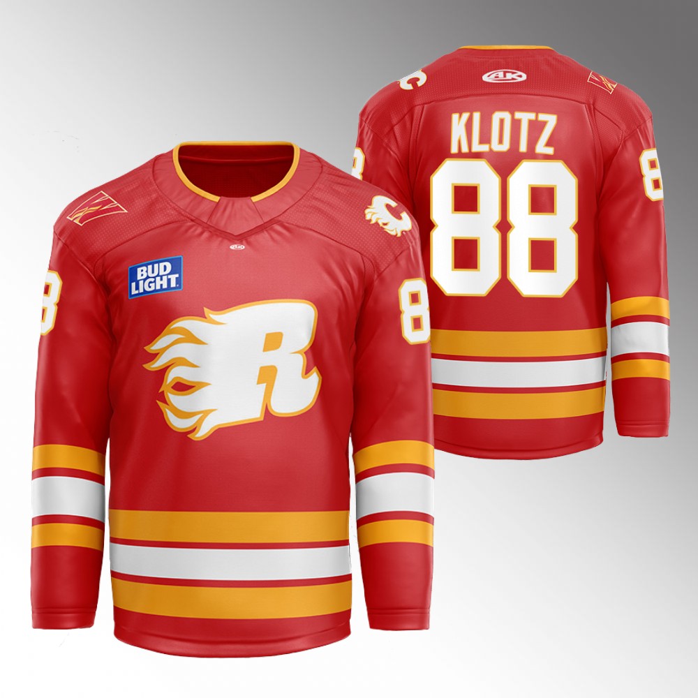 Garrett Klotz Flames Flames X Rush X CGY Wranglers Jersey Red Warmup