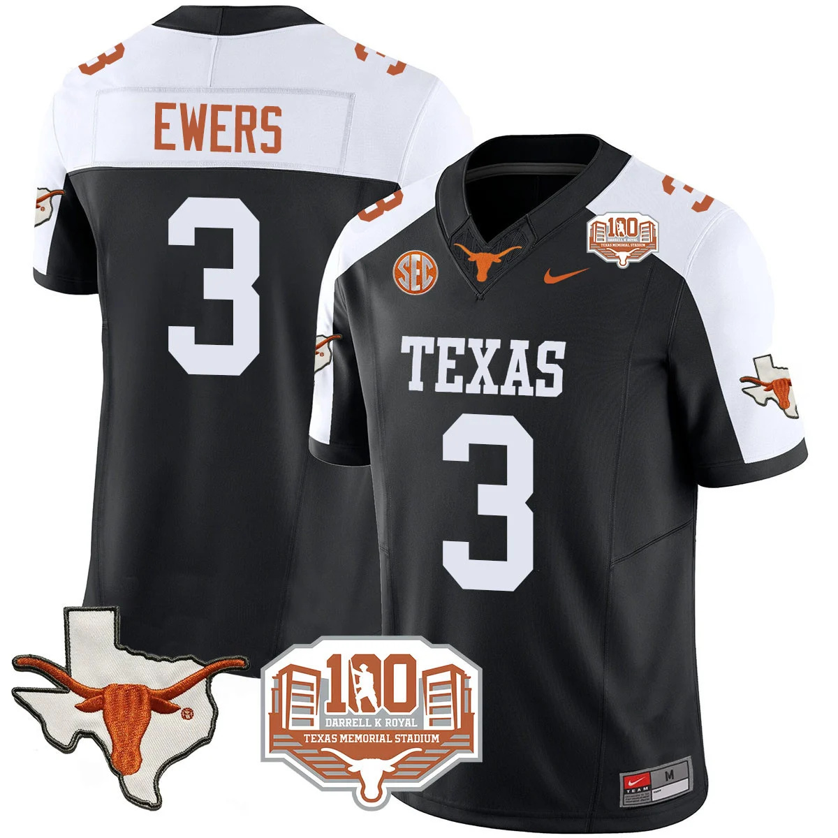 Gender Texas Longhorns 2024 Vapor Football Jersey - 100 years of Darrell K Royal - All Stitched BLACK ALTERNATE #3 QUINN EWERS