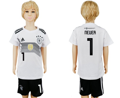 Germany #1 Neuer White Home Kid Soccer Country Jersey