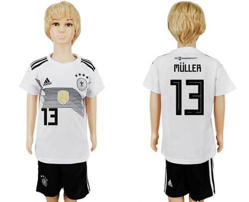 Germany #13 Muller White Home Kid Soccer Country Jersey