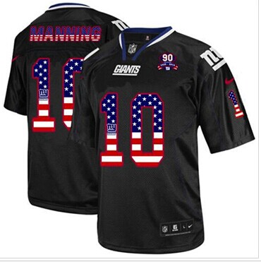 Giants #10 Eli Manning Black With 1925-2014 Season Patch USA Flag Fashion Jersey