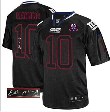 Giants #10 Eli Manning Lights Out Black With 1925-2014 Season Patch Autographed Jersey