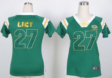 Green Bay Packers #27 eddie lacy Womens Draft Him III Shimmer T-Shirt - Green
