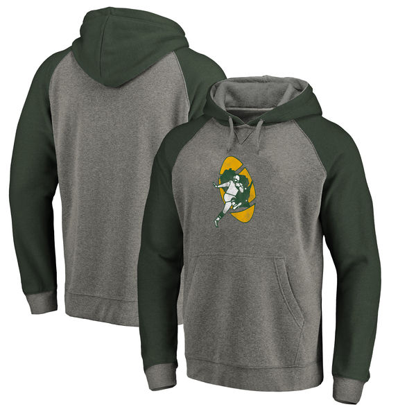 Green Bay Packers NFL Pro Line By Fanatics Branded Throwback Logo Tri-Blend Raglan Pullover Hoodie Gray Green