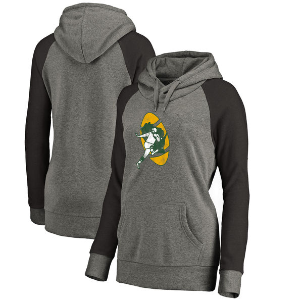 Green Bay Packers NFL Pro Line By Fanatics Branded Women's Throwback Logo Tri-Blend Raglan Plus Size Pullover Hoodie Gray Black