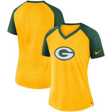 Green Bay Packers Nike Women's Top V Neck T-Shirt Gold Green