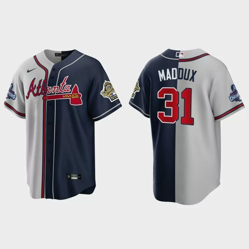 Greg Maddux Atlanta Braves 2021 World Series Champions 1995 Throwback Split Jersey – Gray Navy