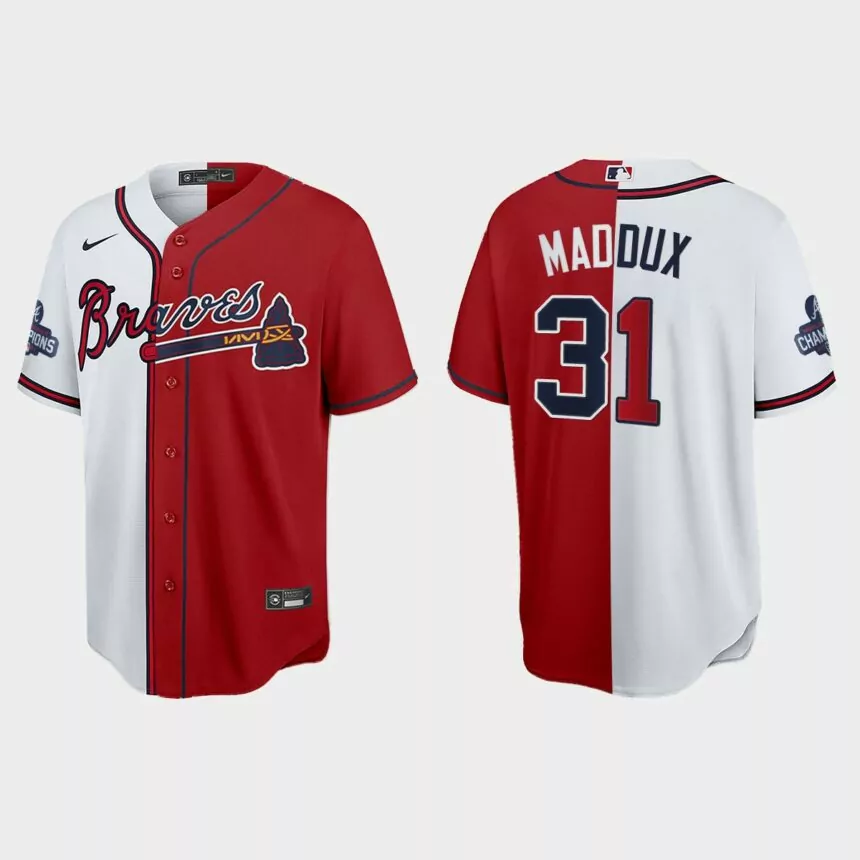 Greg Maddux Atlanta Braves 2021 World Series Champions Split Jersey – Red White