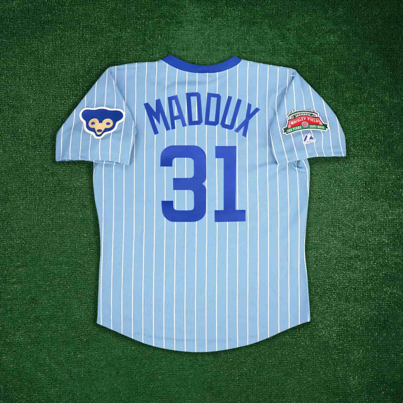 Greg Maddux Chicago Cubs Men's 1970's Wrigley 100th Blue Away Cooperstown Jersey