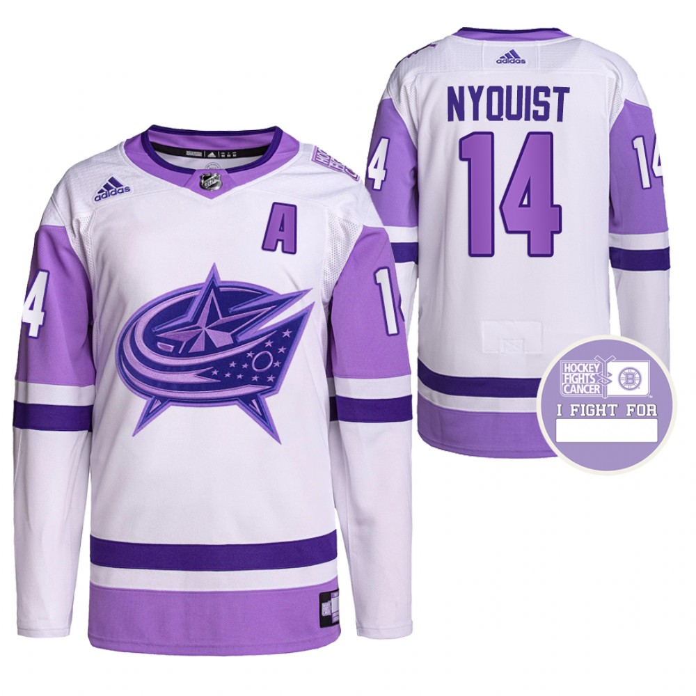 Gustav Nyquist Blue Jackets Hockey Fights Cancer Jersey Purple White Authentic Pro