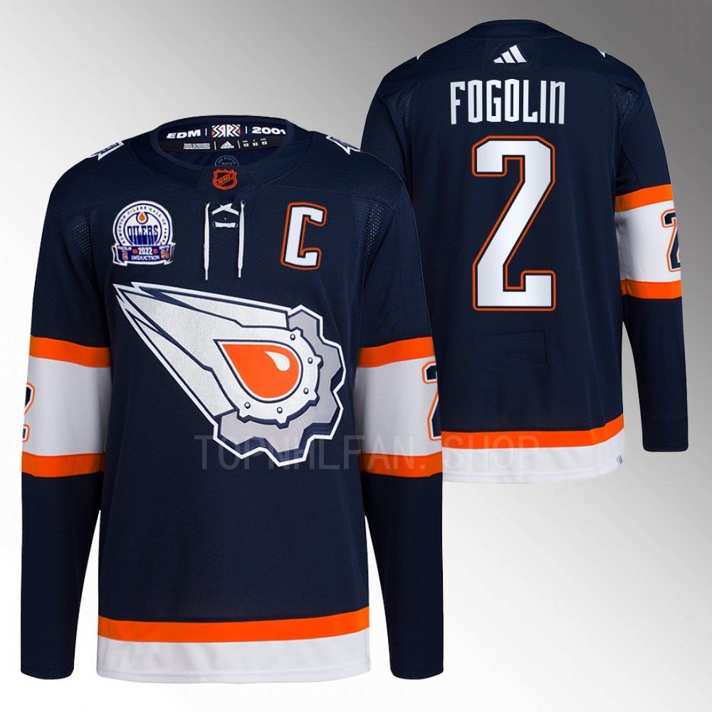Hall of Fame patch Edmonton Oilers Lee Fogolin 2022 Navy Reverse Retro 2.0 Jersey men's
