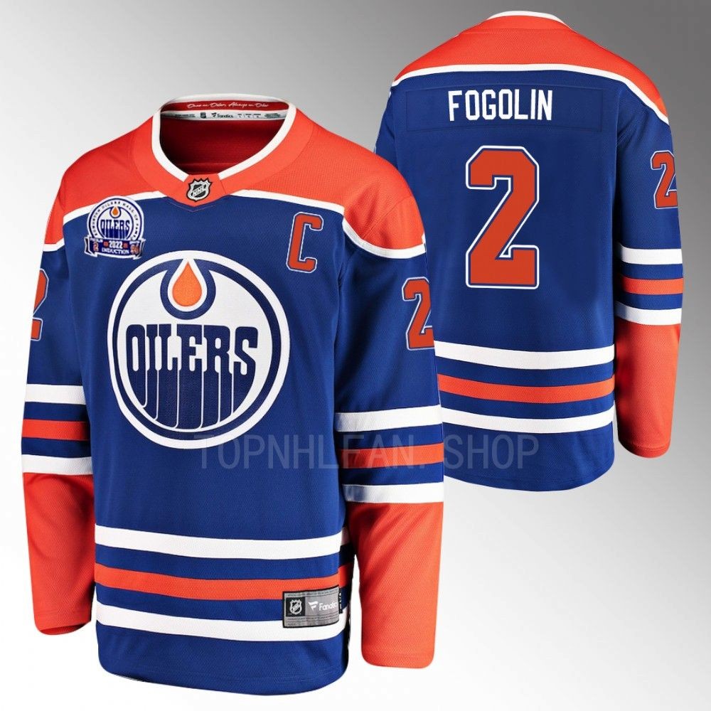 Hall of Fame patch Edmonton Oilers Lee Fogolin 2022 Royal Home Jersey men's