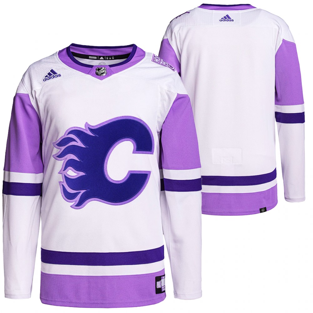 HockeyFightsCancer Calgary Flames White Purple Jersey Primegreen Authentic