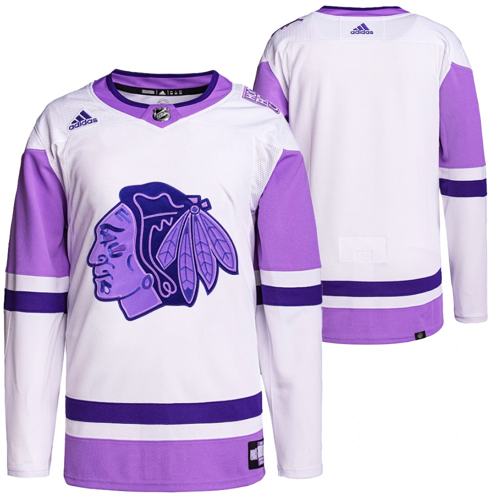 HockeyFightsCancer Chicago Blackhawks White Purple Jersey Primegreen Authentic