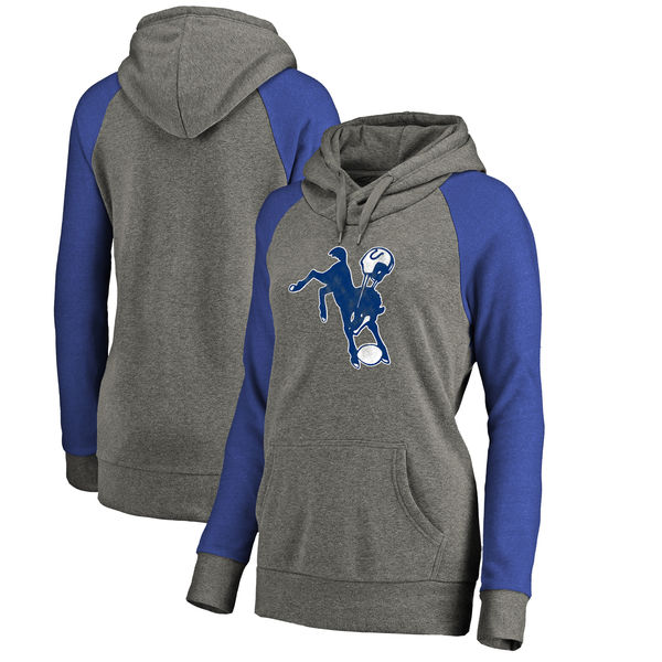 Indianapolis Colts NFL Pro Line By Fanatics Branded Women's Throwback Logo Tri-Blend Raglan Plus Size Pullover Hoodie Gray Royal