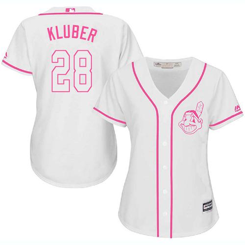 Indians #28 Corey Kluber White Pink Fashion Women's Stitched MLB Jersey