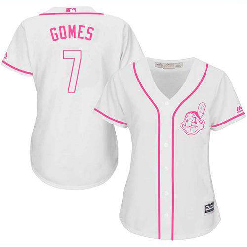 Indians #7 Yan Gomes White Pink Fashion Women's Stitched MLB Jersey